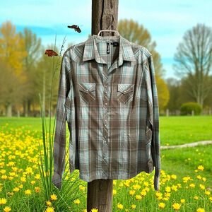 Cowgirl Snap Button Western Plaid Shirt Womens XXL Green Long Sleeve Rodeo Farm